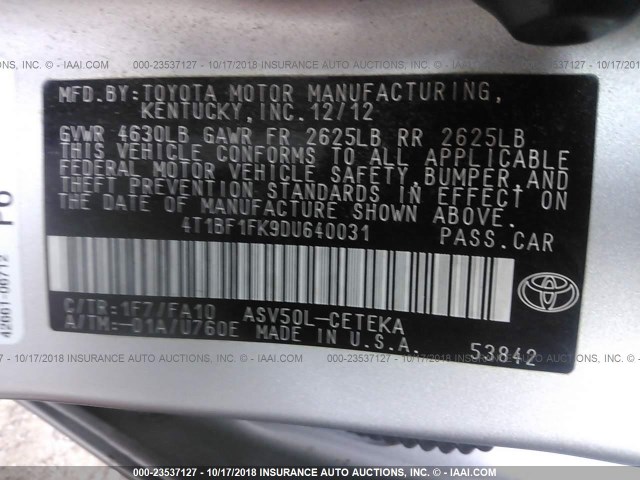 4T1BF1FK9DU640031 - 2013 TOYOTA CAMRY L/SE/LE/XLE ვერცხლისფერი ფოტო 9