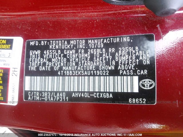 4T1BB3EK5AU119022 - 2010 TOYOTA CAMRY HYBRID RED photo 9