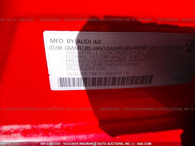 WAUDF78E37A050479 - 2007 AUDI A4 2.0T QUATTRO RED photo 9