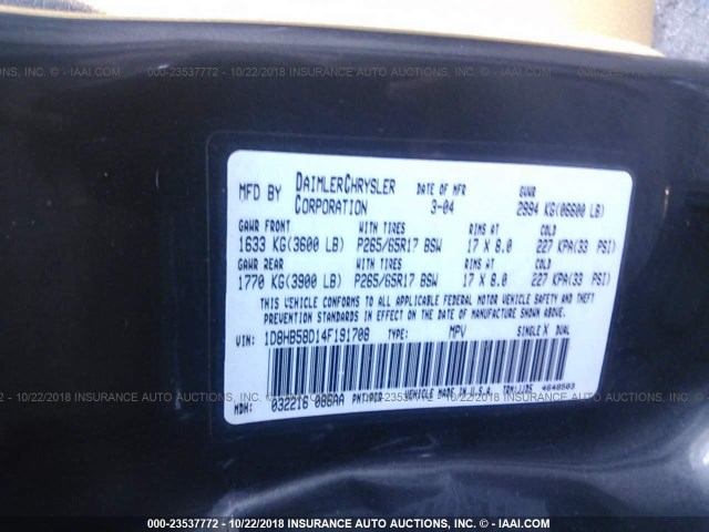 1D8HB58D14F191708 - 2004 DODGE DURANGO LIMITED GRAY photo 9