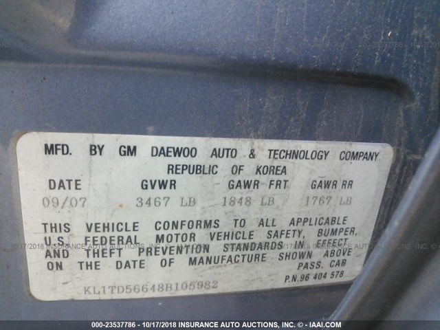 KL1TD56648B105982 - 2008 CHEVROLET AVEO LS BLUE photo 9