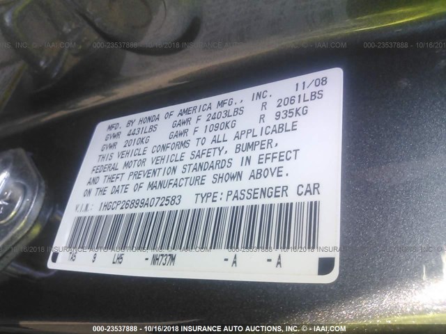 1HGCP26899A072583 - 2009 HONDA ACCORD EXL GRAY photo 9