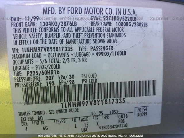 1LNHM97V8YY817335 - 2000 LINCOLN CONTINENTAL  Қоңыр фото 9