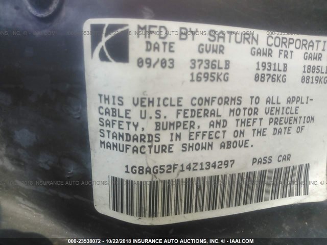 1G8AG52F14Z134297 - 2004 SATURN ION LEVEL 1 BLACK photo 9