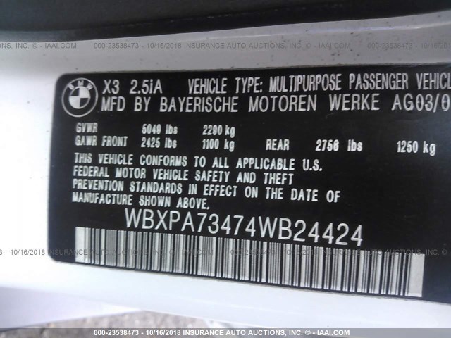 WBXPA73474WB24424 - 2004 BMW X3 2.5I WHITE photo 9