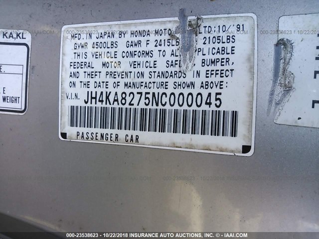 JH4KA8275NC000045 - 1992 ACURA LEGEND LS BEIGE photo 9