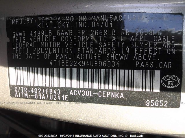 4T1BE32K94U896934 - 2004 TOYOTA CAMRY LE/XLE/SE TAN photo 9