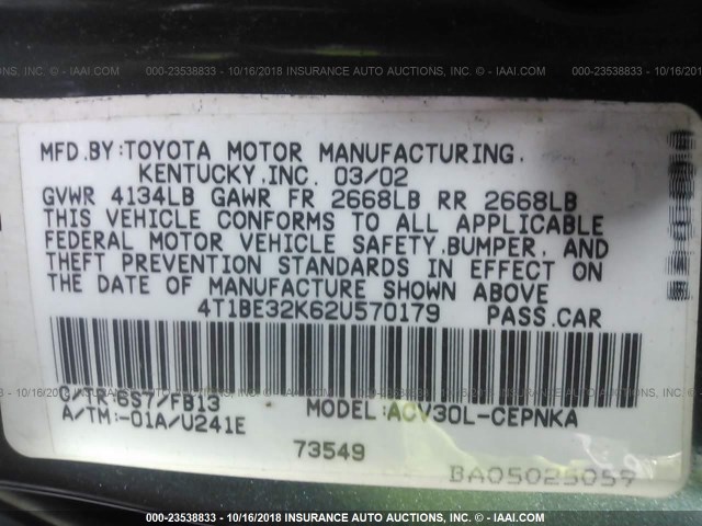 4T1BE32K62U570179 - 2002 TOYOTA CAMRY LE/XLE/SE 灰色 照片 9