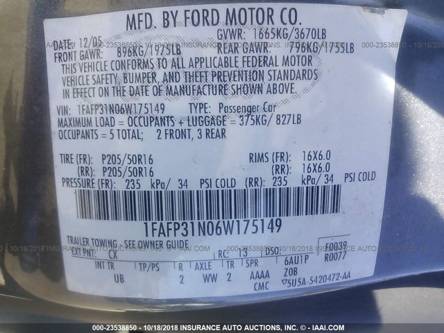 1FAFP31N06W175149 - 2006 FORD FOCUS ZX3 GRAY photo 9