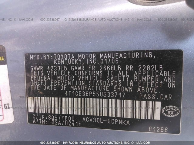 4T1CE38P55U533717 - 2005 TOYOTA CAMRY SOLARA SE/SLE ლურჯი ფოტო 9