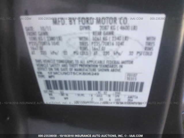 1FMCU9D75CKB06249 - 2012 FORD ESCAPE XLT GRAY photo 9