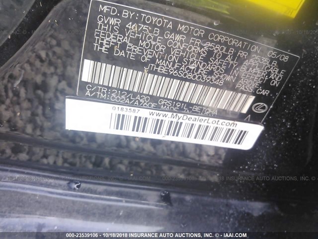 JTHBE96S080039348 - 2008 LEXUS GS 350 BLACK photo 9