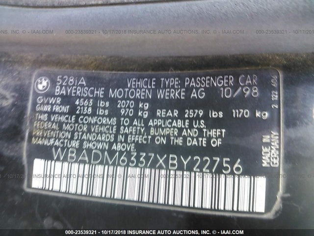 WBADM6337XBY22756 - 1999 BMW 528 I AUTOMATIC BLACK photo 9