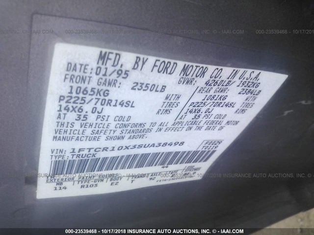 1FTCR10X3SUA38498 - 1995 FORD RANGER GRAY photo 9