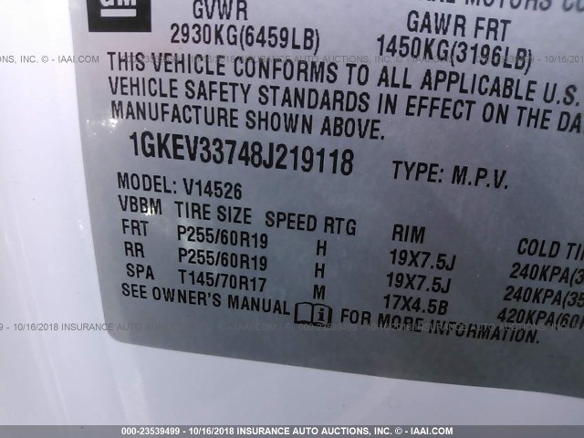 1GKEV33748J219118 - 2008 GMC ACADIA SLT-2 WHITE photo 9