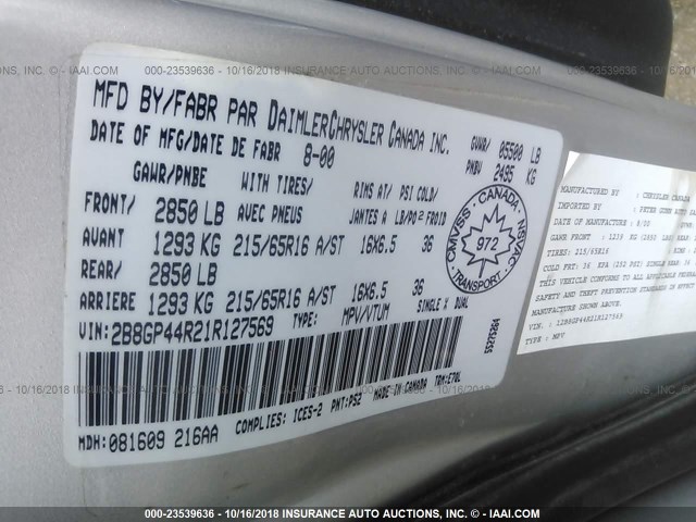 2B8GP44R21R127569 - 2001 DODGE GRAND CARAVAN SPORT SILVER photo 9