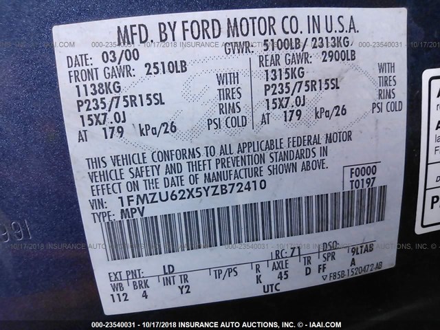 1FMZU62X5YZB72410 - 2000 FORD EXPLORER XLS BLUE photo 9