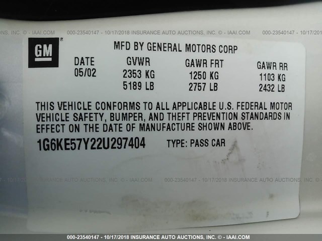 1G6KE57Y22U297404 - 2002 CADILLAC DEVILLE DHS CREAM photo 9