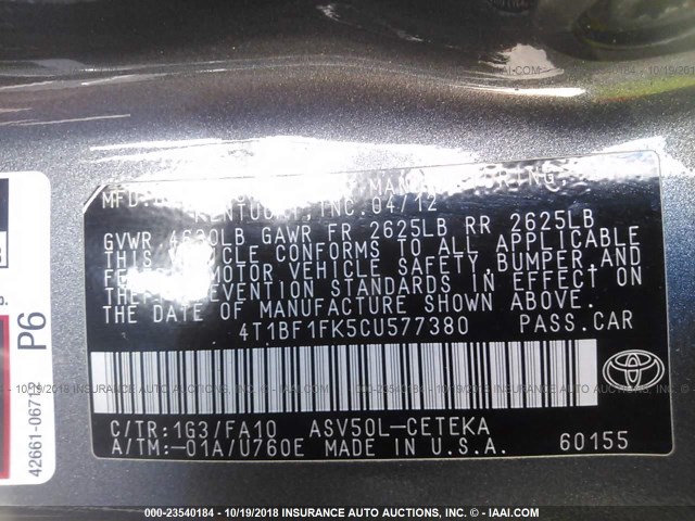 4T1BF1FK5CU577380 - 2012 TOYOTA CAMRY SE/LE/XLE GRAY photo 9