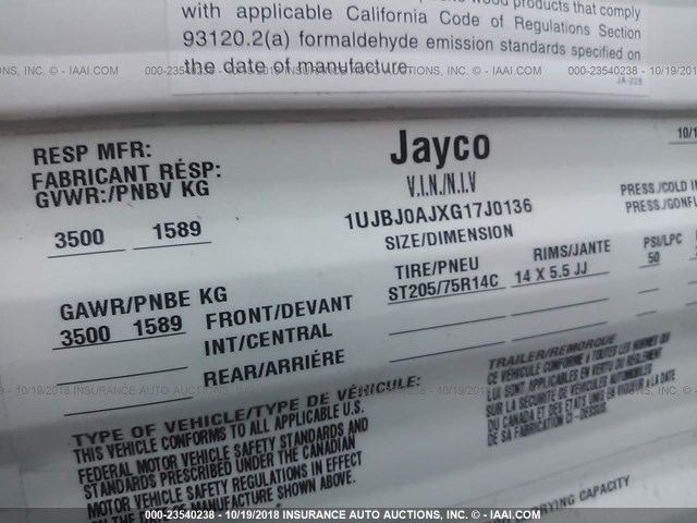 1UJBJ0AJXG17J0136 - 2016 JAYCO JAYFLIGHT  CREAM photo 9