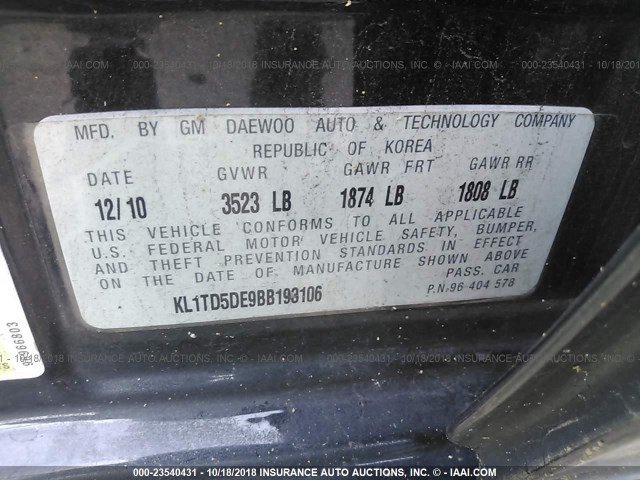 KL1TD5DE9BB193106 - 2011 CHEVROLET AVEO LS/LT Սև լուսանկար 9