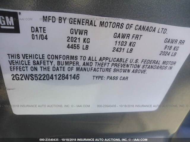 2G2WS522041284146 - 2004 PONTIAC GRAND PRIX GT2 ნაცრისფერი ფოტო 9