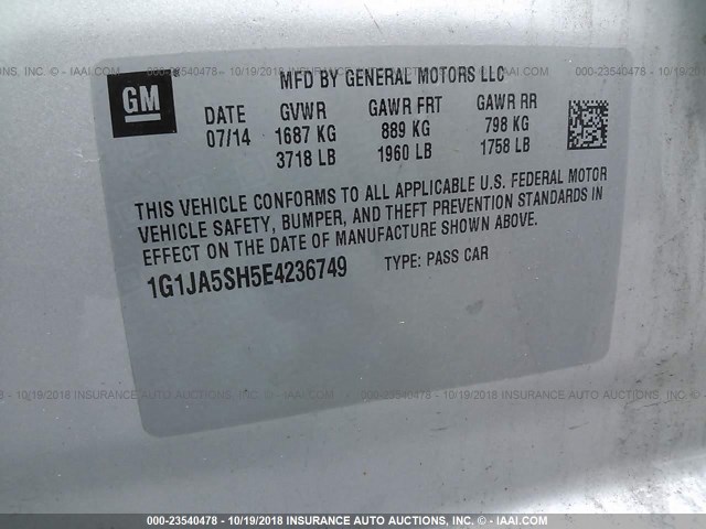 1G1JA5SH5E4236749 - 2014 CHEVROLET SONIC LS 银色 照片 9