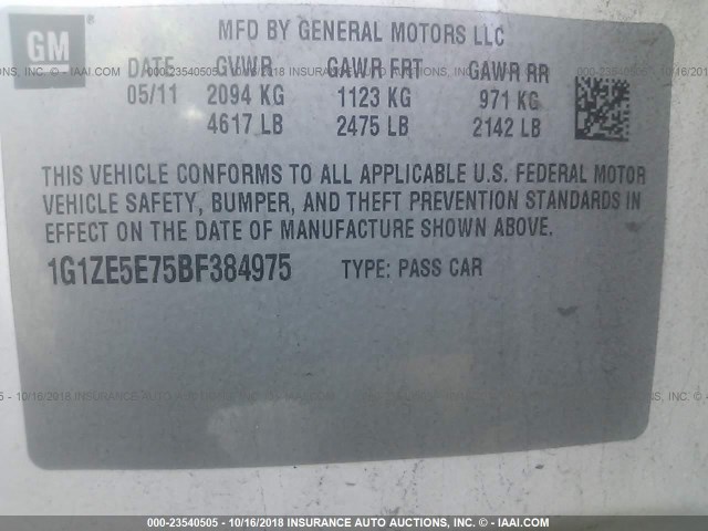 1G1ZE5E75BF384975 - 2011 CHEVROLET MALIBU LTZ 白色 照片 9