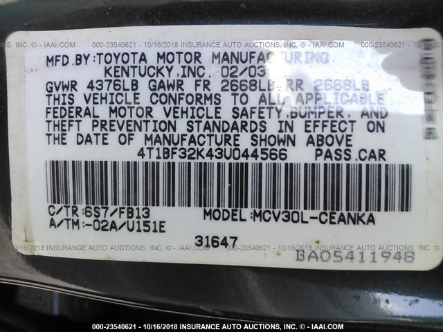 4T1BF32K434044566 - 2003 TOYOTA CAMRY LE/XLE/SE GREEN photo 9