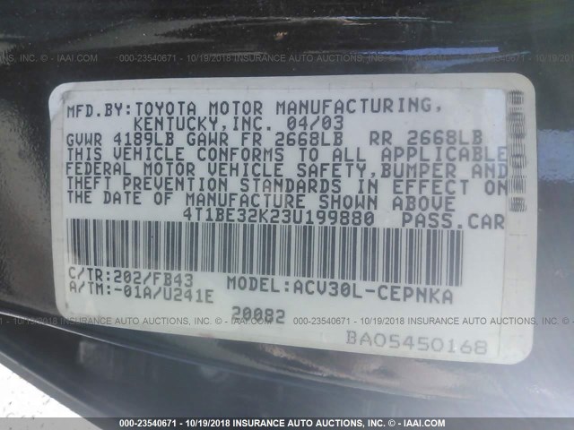 4T1BE32K23U199880 - 2003 TOYOTA CAMRY LE/XLE/SE 黑色 照片 9