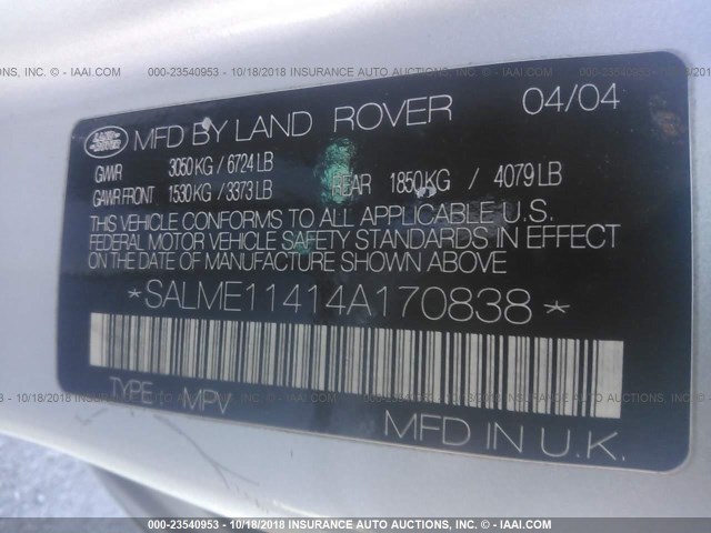 SALME11414A170838 - 2004 LAND ROVER RANGE ROVER HSE SILVER photo 9