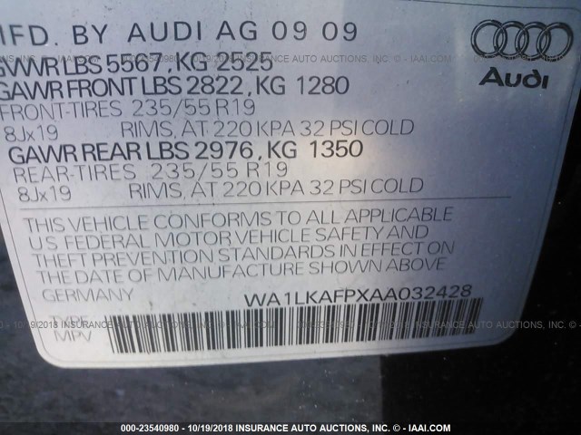 WA1LKAFPXAA032428 - 2010 AUDI Q5 PREMIUM PLUS BLACK photo 9