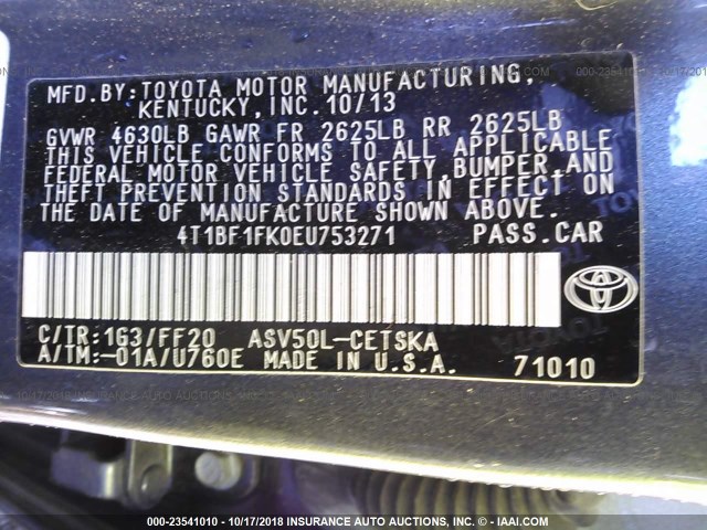 4T1BF1FK0EU753271 - 2014 TOYOTA CAMRY L/SE/LE/XLE 灰色 照片 9
