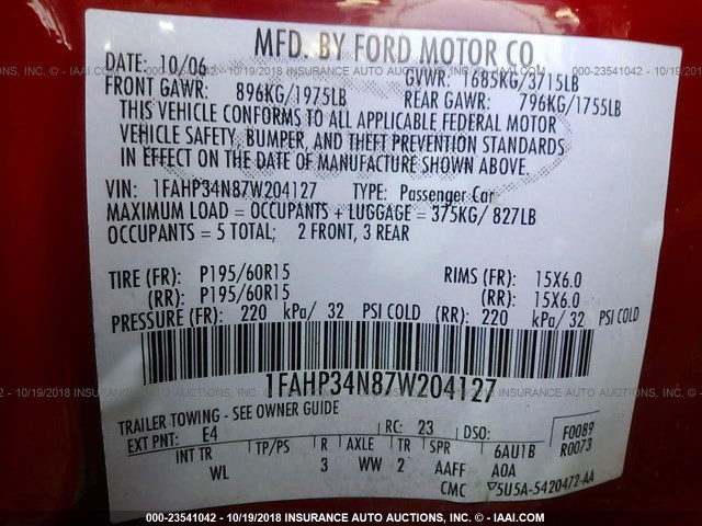 1FAHP34N87W204127 - 2007 FORD FOCUS ZX4/S/SE/SES 红色 照片 9