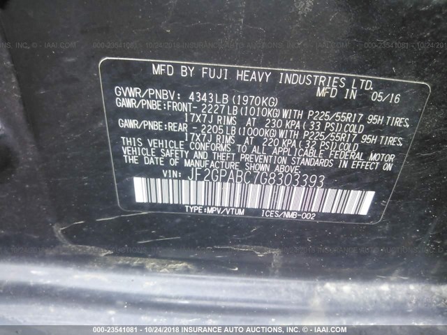 JF2GPABC7G8303393 - 2016 SUBARU CROSSTREK PREMIUM 黑色 照片 9