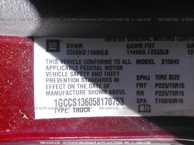 1GCCS136058170753 - 2005 CHEVROLET COLORADO MAROON photo 9