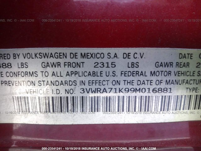 3VWRA71K99M016881 - 2009 VOLKSWAGEN JETTA WOLFSBURG RED photo 9