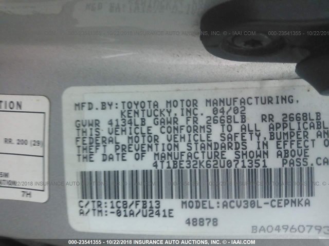 4T1BE32K62U071351 - 2002 TOYOTA CAMRY LE/XLE/SE Gümüş foto 9