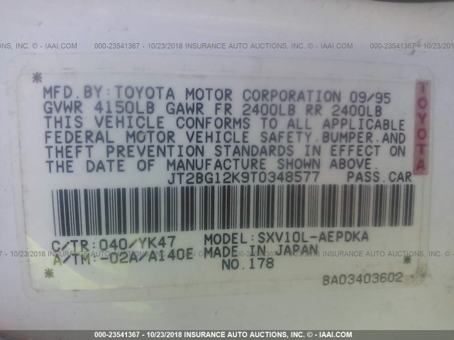 JT2BG12K9T0348577 - 1996 TOYOTA CAMRY DX/LE/XLE WHITE photo 9