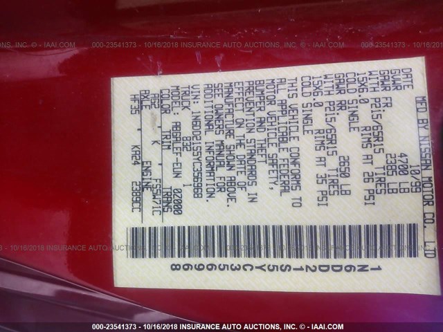 1N6DD21S5YC356968 - 2000 NISSAN FRONTIER XE RED photo 9