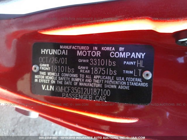 KMHCF35G12U187100 - 2002 HYUNDAI ACCENT L RED photo 9