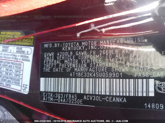 4T1BE32K45U059901 - 2005 TOYOTA CAMRY LE/XLE/SE MAROON photo 9