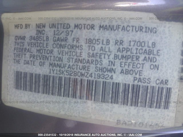 1Y1SK5280WZ419324 - 1998 CHEVROLET GEO PRIZM LSI GRAY photo 9