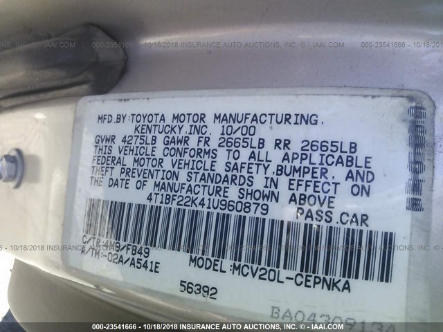 4T1BF22K41U960879 - 2001 TOYOTA CAMRY LE/XLE 棕色 照片 9