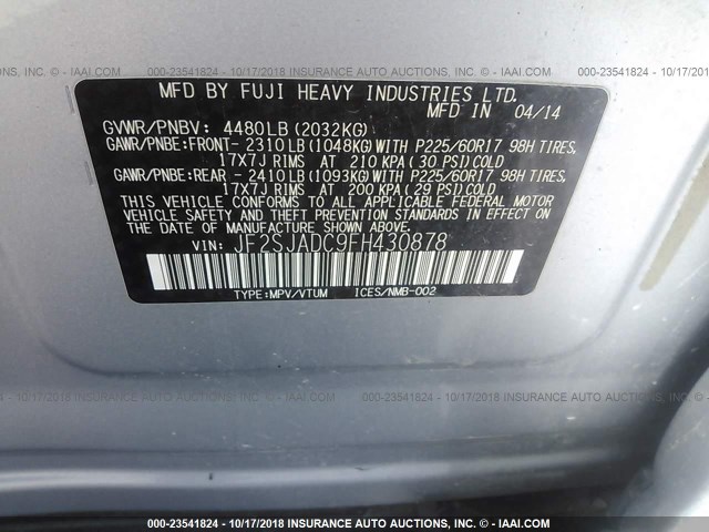 JF2SJADC9FH430878 - 2015 SUBARU FORESTER 2.5I PREMIUM SILVER photo 9