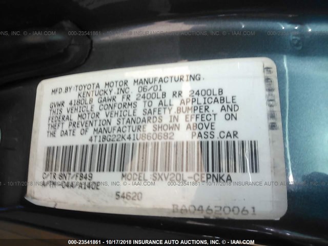 4T1BG22K41U860682 - 2001 TOYOTA CAMRY CE/LE/XLE 蓝色 照片 9