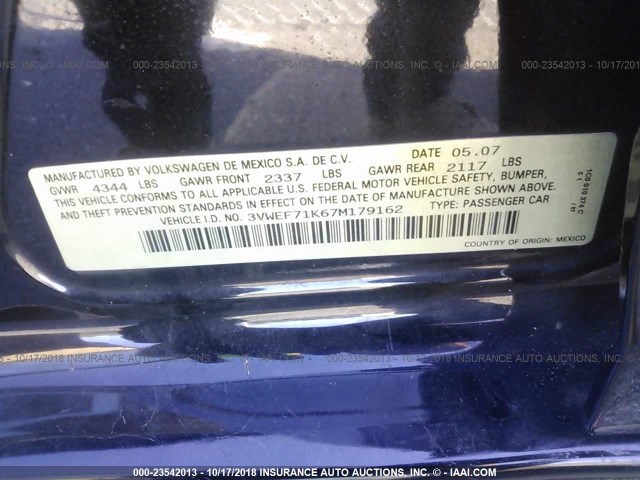 3VWEF71K67M179162 - 2007 VOLKSWAGEN JETTA WOLFSBURG 黑色 照片 9