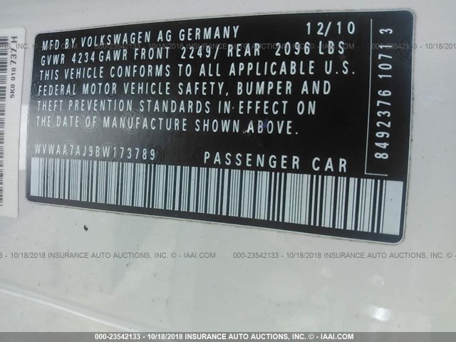 WVWAA7AJ9BW173789 - 2011 VOLKSWAGEN GOLF WHITE photo 9