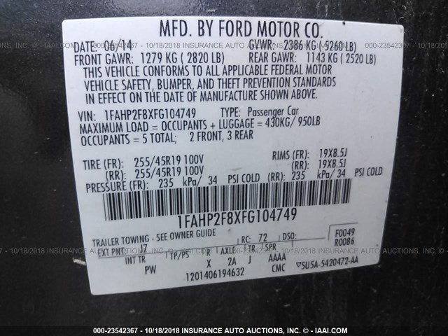 1FAHP2F8XFG104749 - 2015 FORD TAURUS LIMITED BLACK photo 9