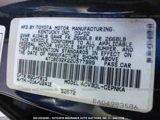 4T1BE32K22U577999 - 2002 TOYOTA CAMRY LE/XLE/SE BLUE photo 9